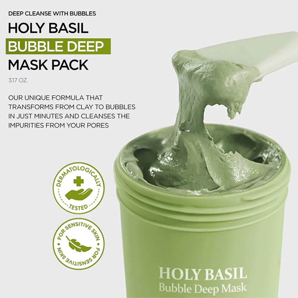 Korean Carbonic Acid Holy Basil Bubble Facial Mask for Exfoliation, Deep Cleansing, Blackhead Removal, Pore Minimization, and Oil Control Skin Care