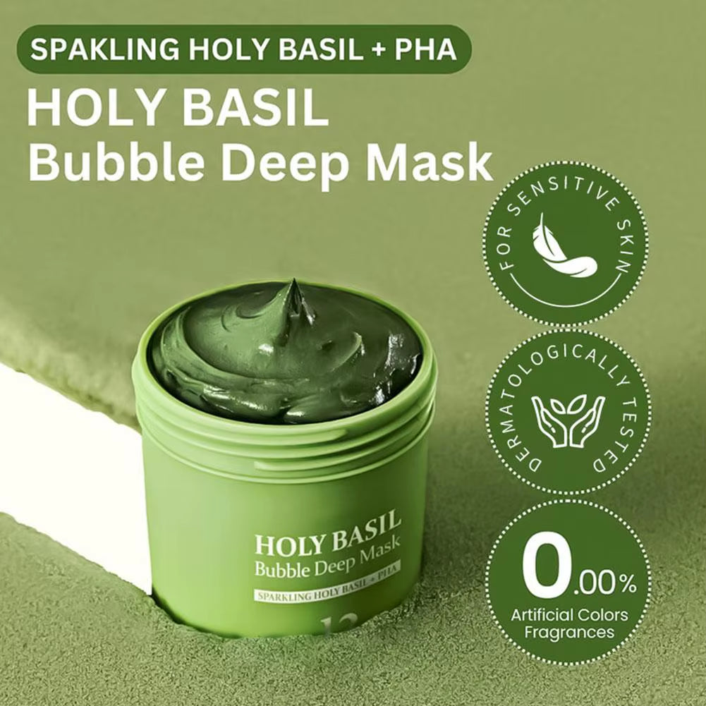 Korean Carbonic Acid Holy Basil Bubble Facial Mask for Exfoliation, Deep Cleansing, Blackhead Removal, Pore Minimization, and Oil Control Skin Care