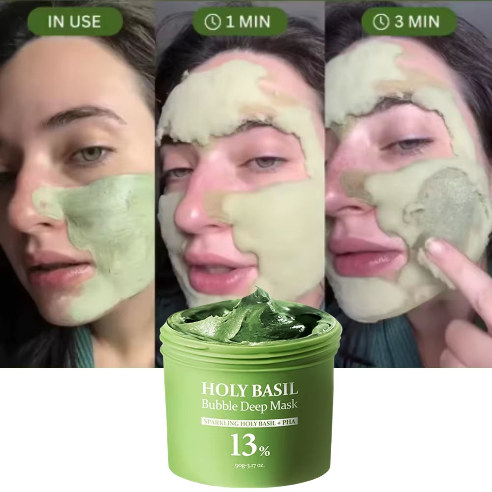 Korean Carbonic Acid Holy Basil Bubble Facial Mask for Exfoliation, Deep Cleansing, Blackhead Removal, Pore Minimization, and Oil Control Skin Care